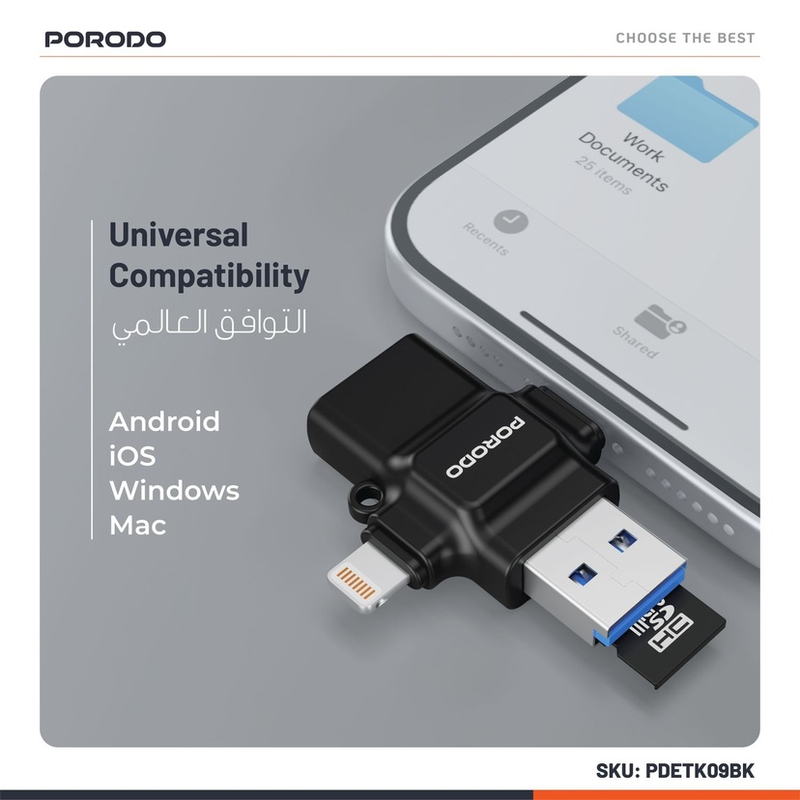 Porodo 4-in-1 Memory Card Reader - Black