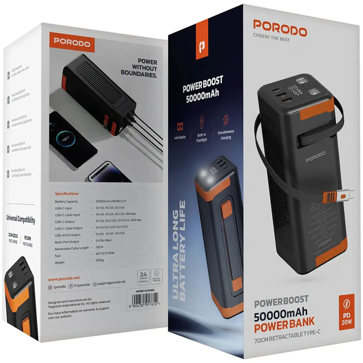 Porodo PowerBoost 50000mAh Power Bank with Retractable Cable 70cm - Black