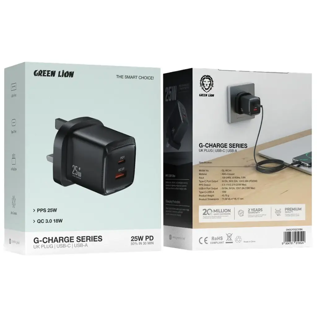 Green Lion Wall Charger PD+QC signal channel 25W TC-IPH cable 1m