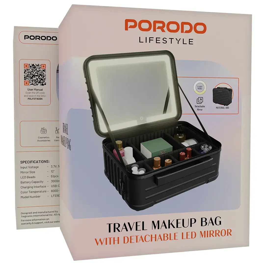 Porodo Makeup Bags PC+ABS LED light mirror - Black