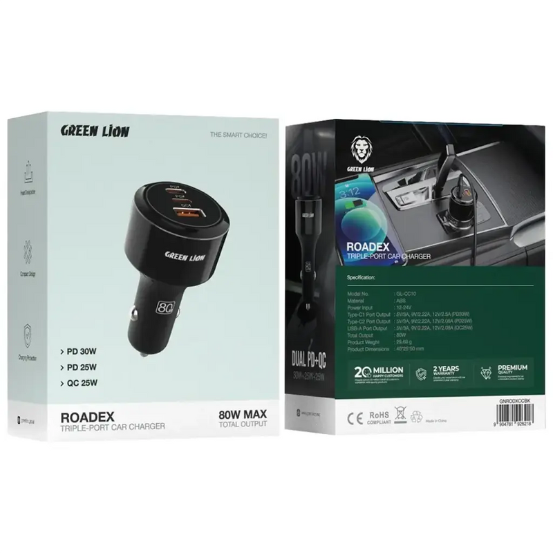 Green Lion Roadex Triple Port Car Charger 80W C to L 1m Cable - Black