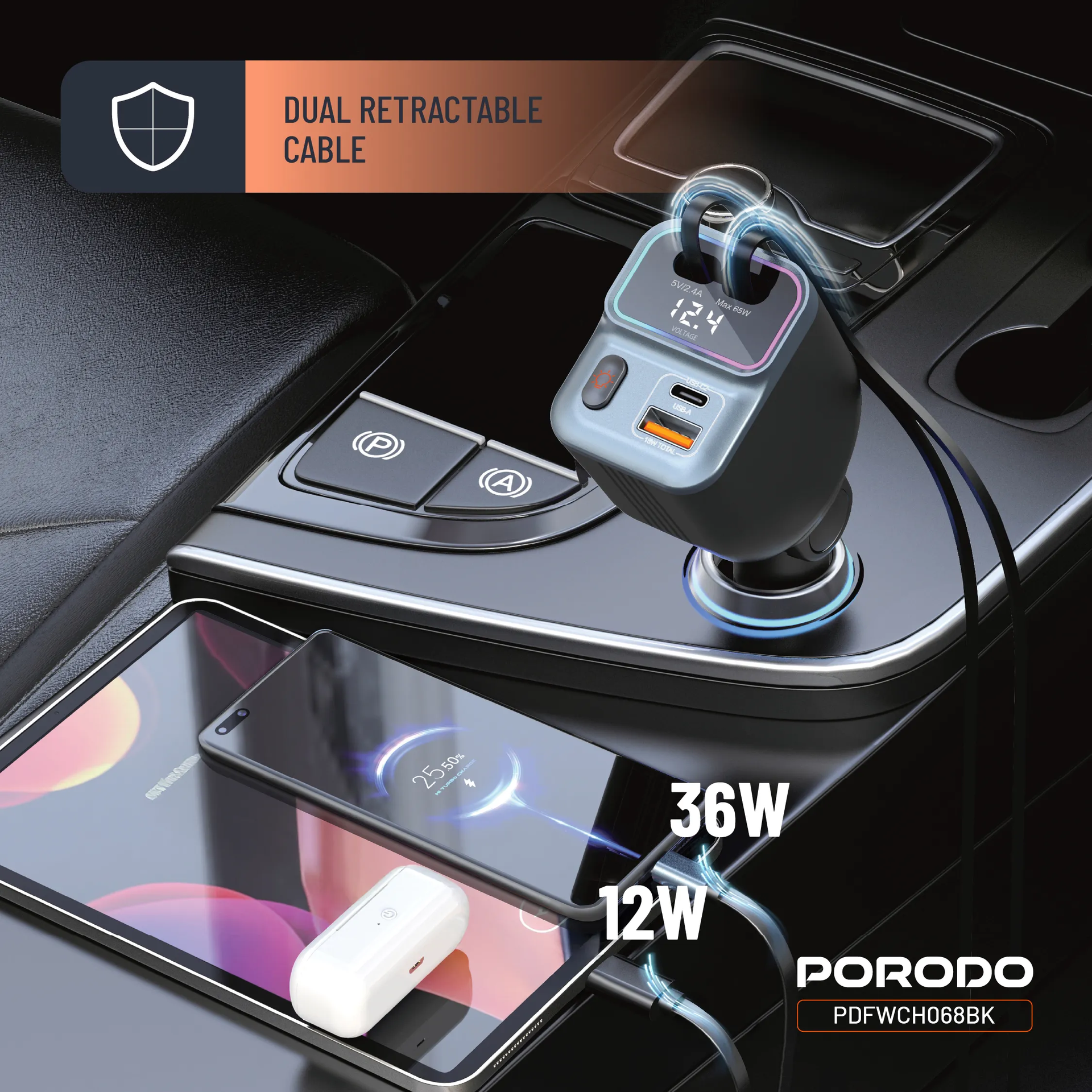 Porodo Retractable Lightning+USB-A port +TYPE-C port Color Lights: Oneclick Option