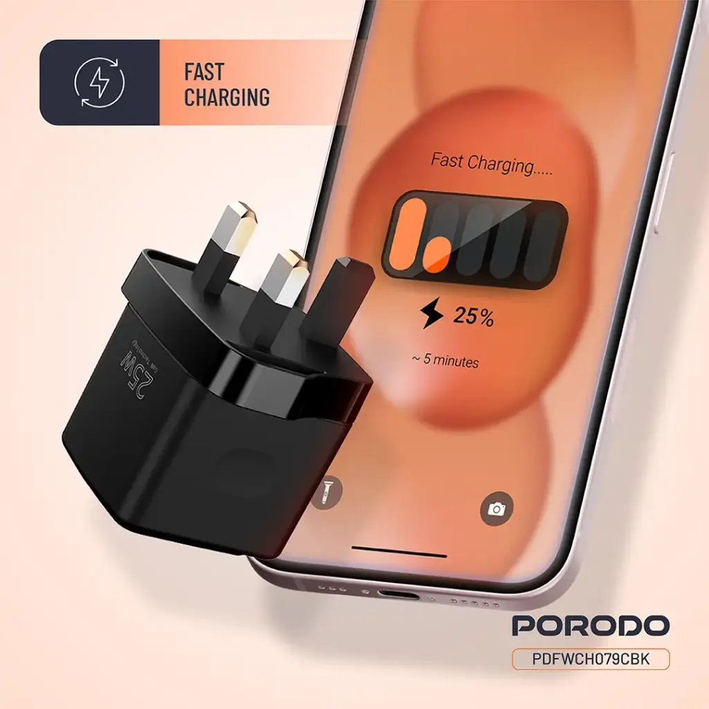 Porodo GaN 25W Dual USB-C Wall Charger Real-Time Power Display