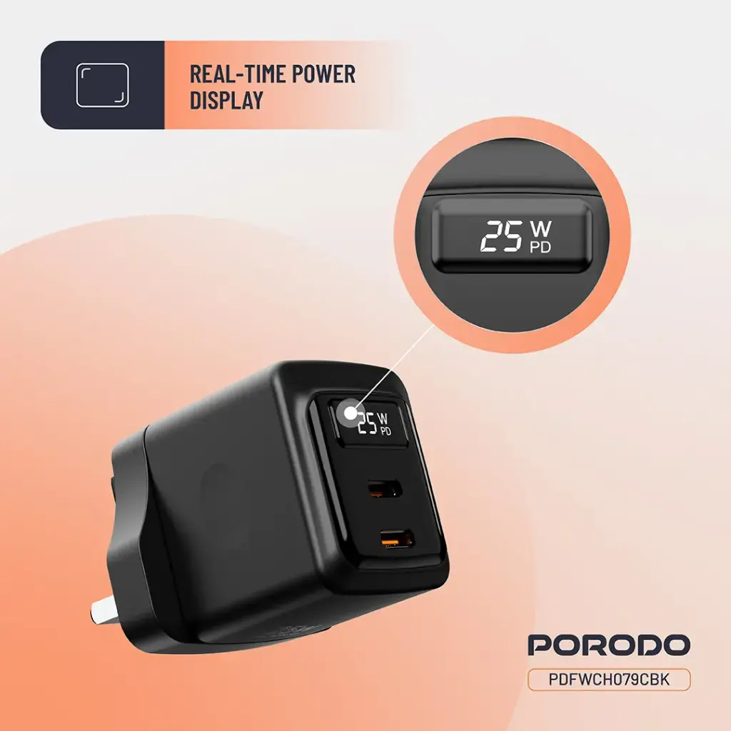 Porodo GaN 25W Dual USB-C Wall Charger Real-Time Power Display