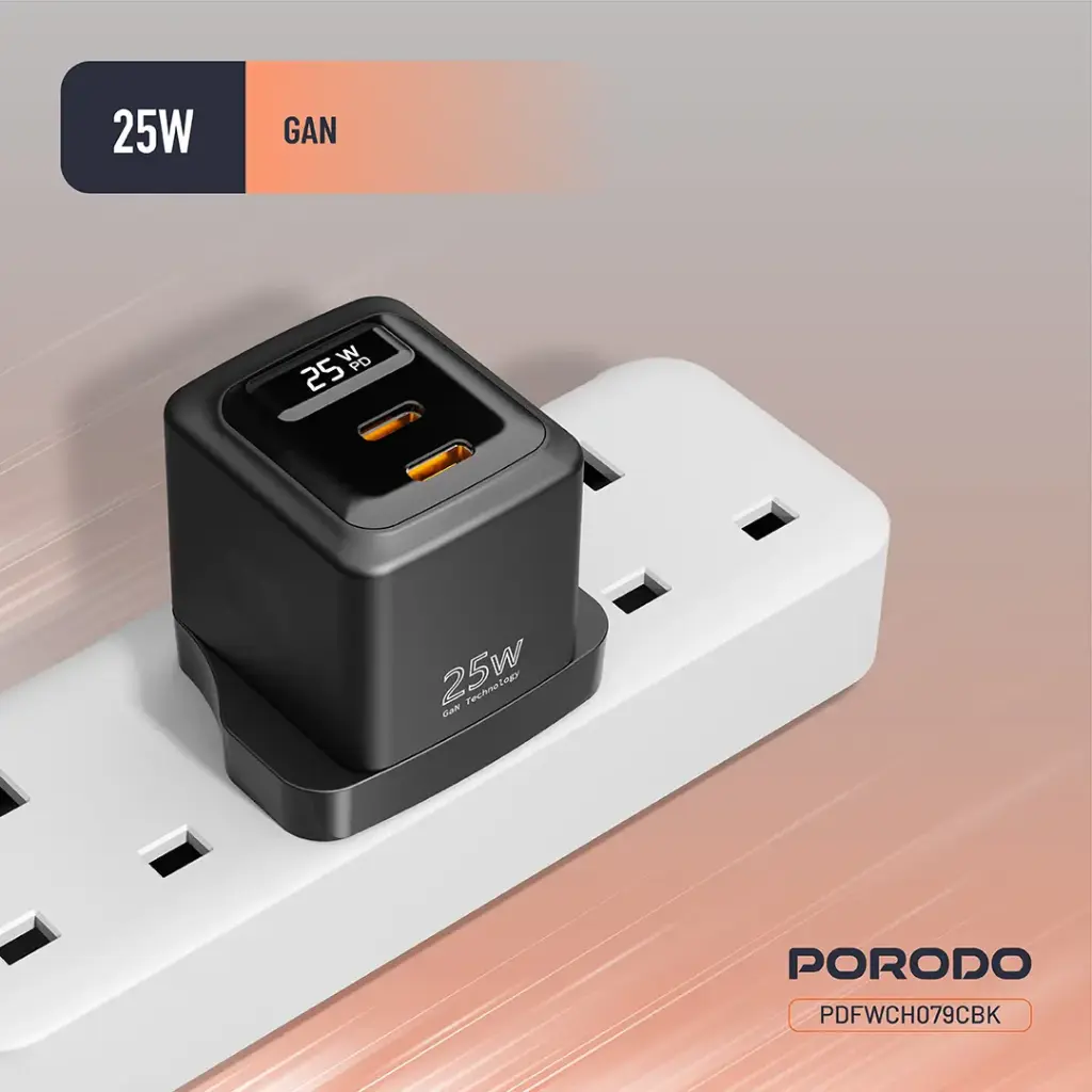 Porodo GaN 25W Dual USB-C Wall Charger Real-Time Power Display