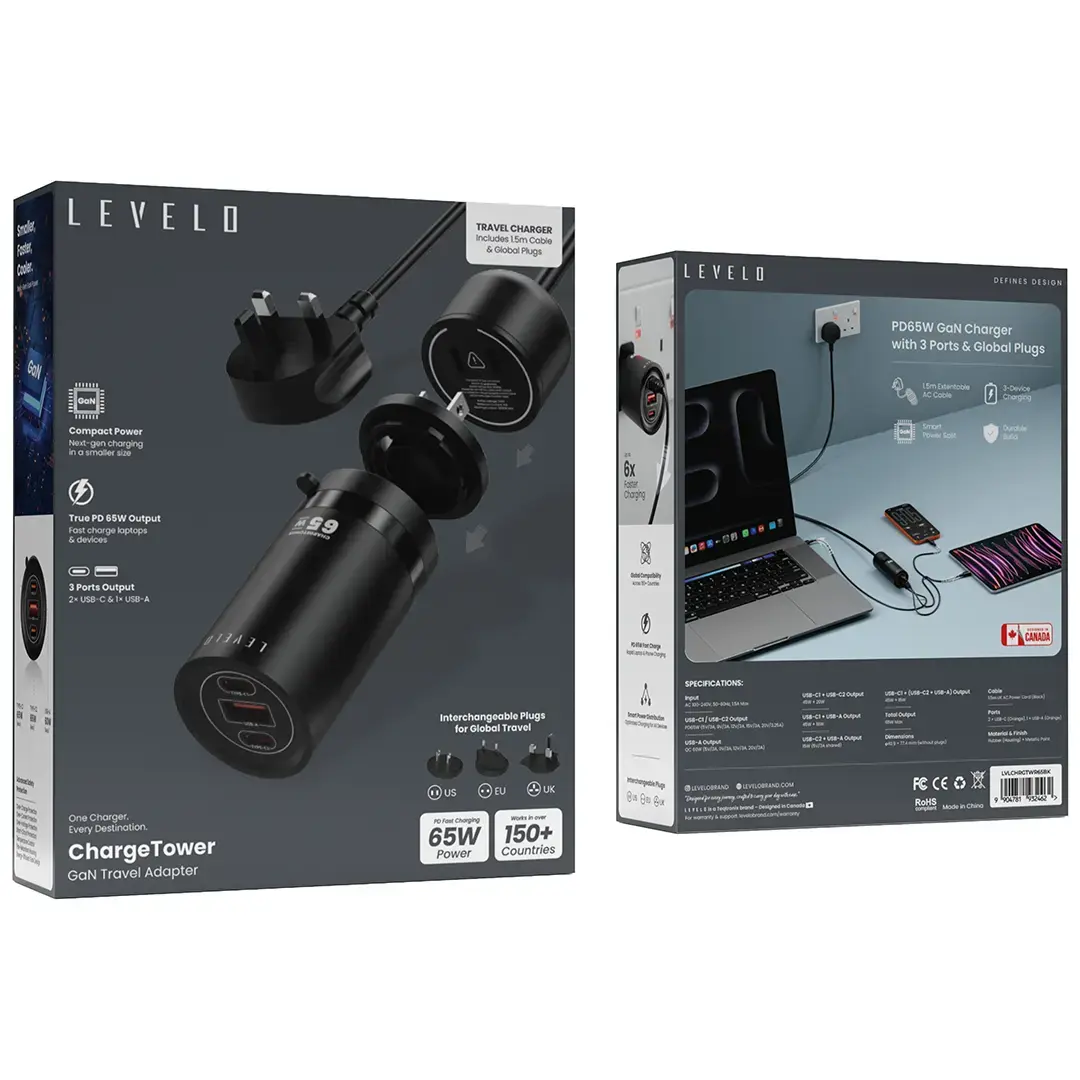 Levelo ChargeTower 65W Adapter with Rotated Changeable Plugs - Black