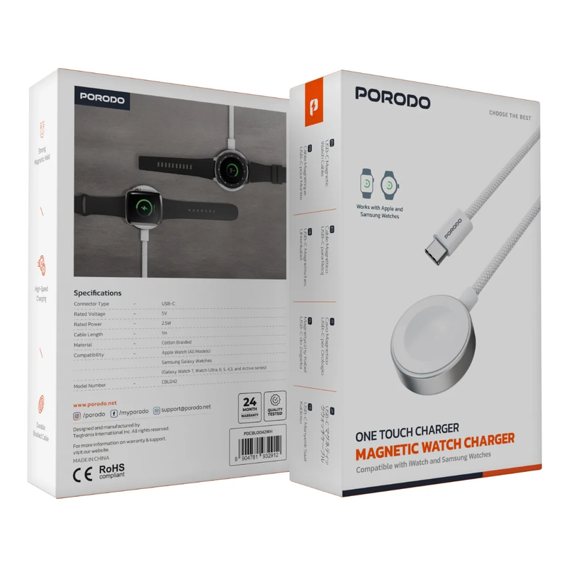 Porodo Charger Type C To Watch Cotton Braided + ABS Support Samsung & Apple Watch
