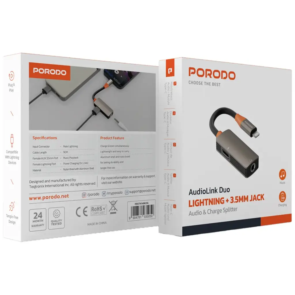 Porodo AudioLink Duo Lightning + 3.5MM Jack Audio And Charge Splitter