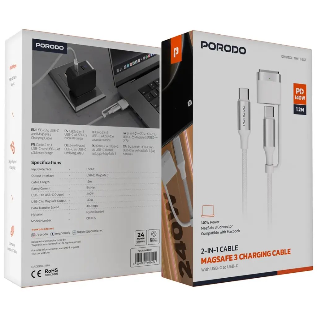 Porodo 2-In-1 Cable Magsafe 3 Charging Cable With USB-C To USB-C