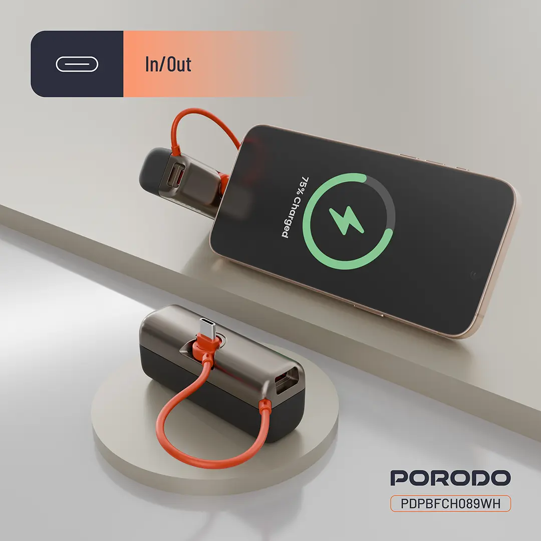 Porodo Pocket Volt Power Bank 5000mAh Type-C Input: 5V/3A 9V/2A 12V/1.5A