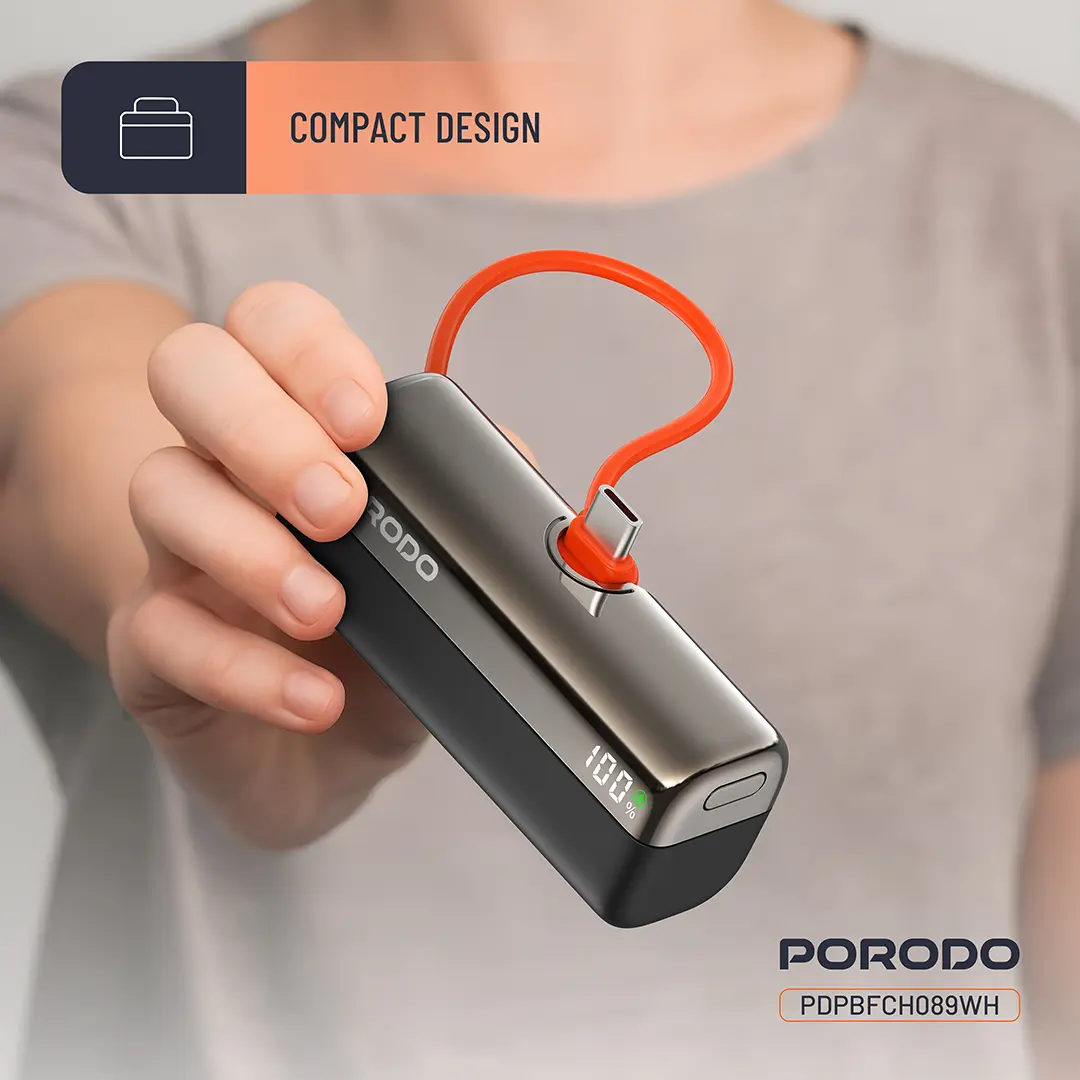 Porodo Pocket Volt Power Bank 5000mAh Type-C Input: 5V/3A 9V/2A 12V/1.5A