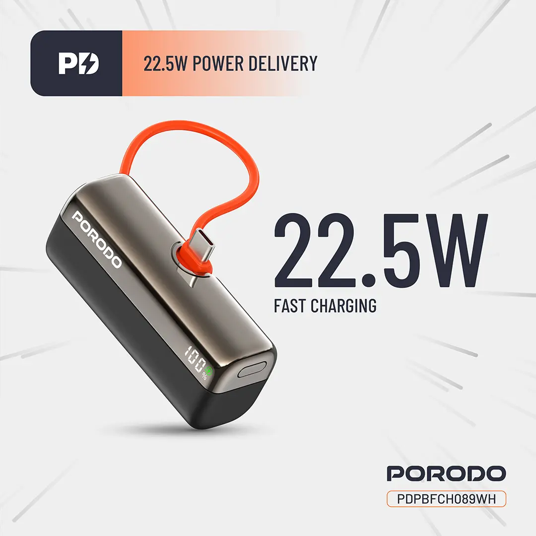 Porodo Pocket Volt Power Bank 5000mAh Type-C Input: 5V/3A 9V/2A 12V/1.5A