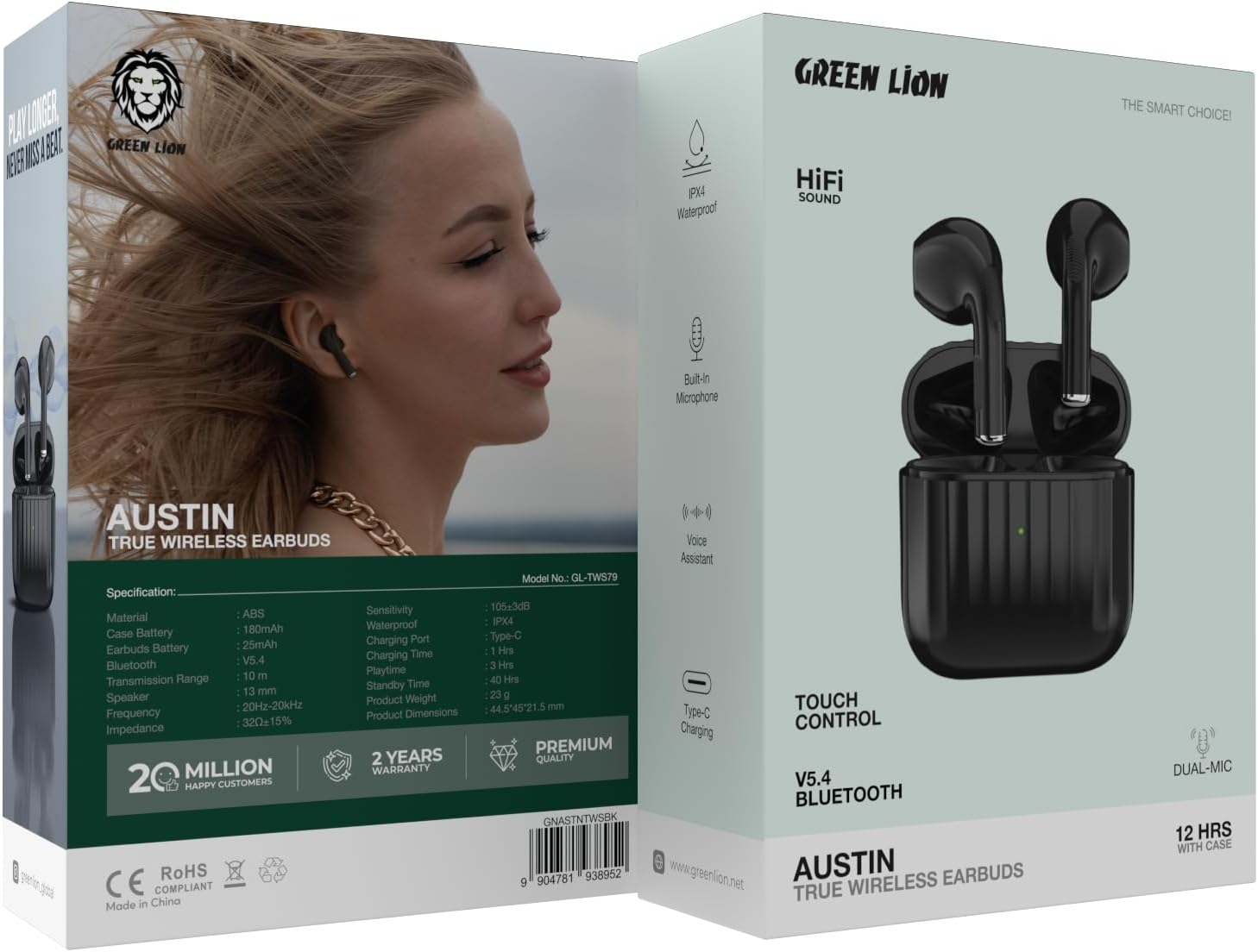 Green Lion Austin True Wireless Earbuds  GNASTNTWSBK/GNASTNTWSWH