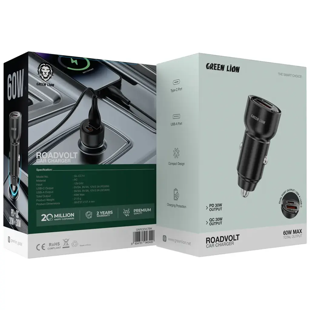 Green Lion RoadVolt Car Charger PD+QC 60W - Black