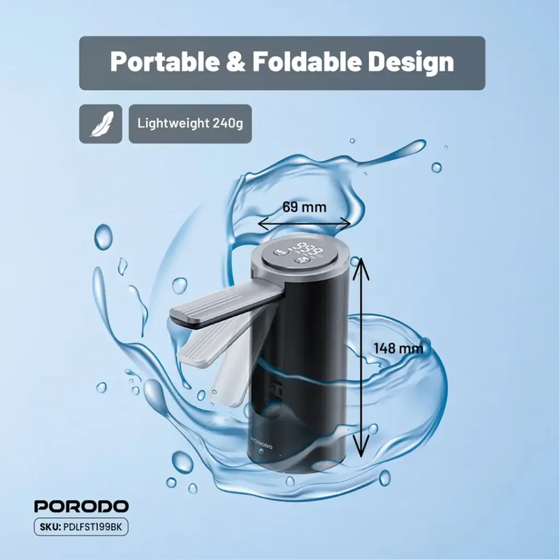 Porodo Lifestlye Foldable Electric Water Pump Universal Bottle Compatibility - Black