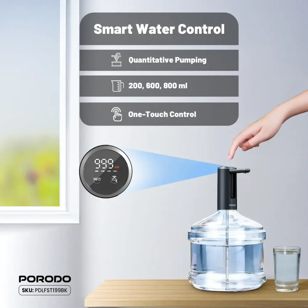 Porodo Lifestlye Foldable Electric Water Pump Universal Bottle Compatibility - Black