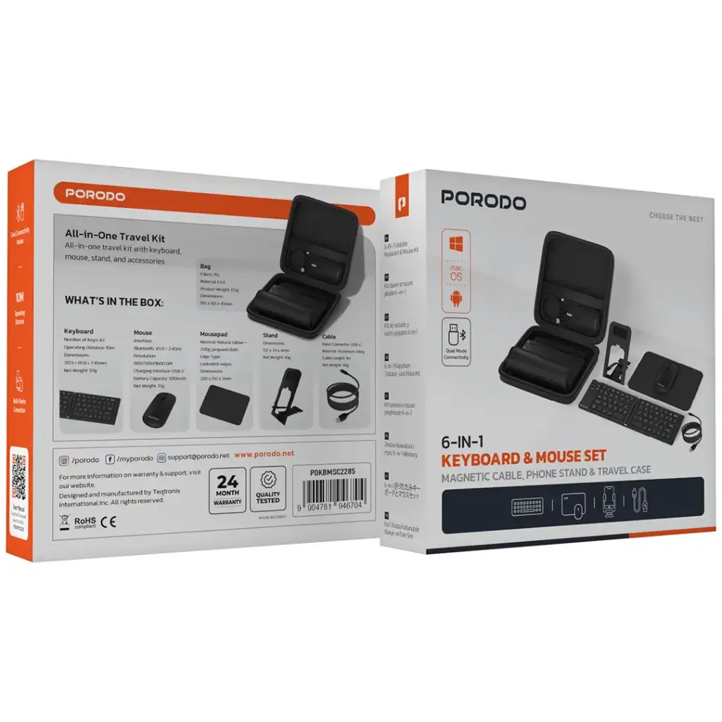 Porodo 6-In-1 Keyboard & Mouse Set Magnetic Cable Phone Stand & Travel Case
