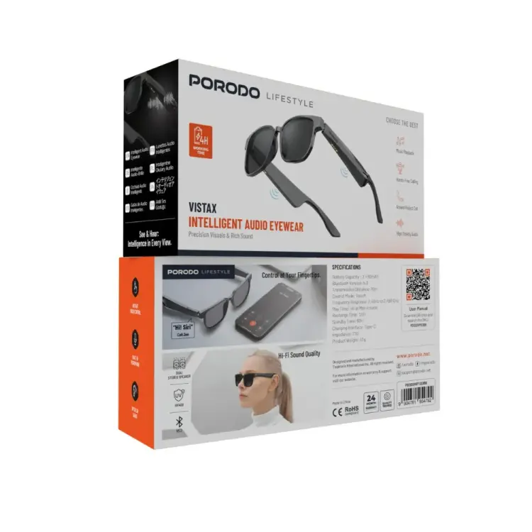 PORODO Vistax BT 5.3 SUNGLASS - UV400 PROTECTION+90mAh*/MAGNETIC CHARGING CABLE -BLACK
