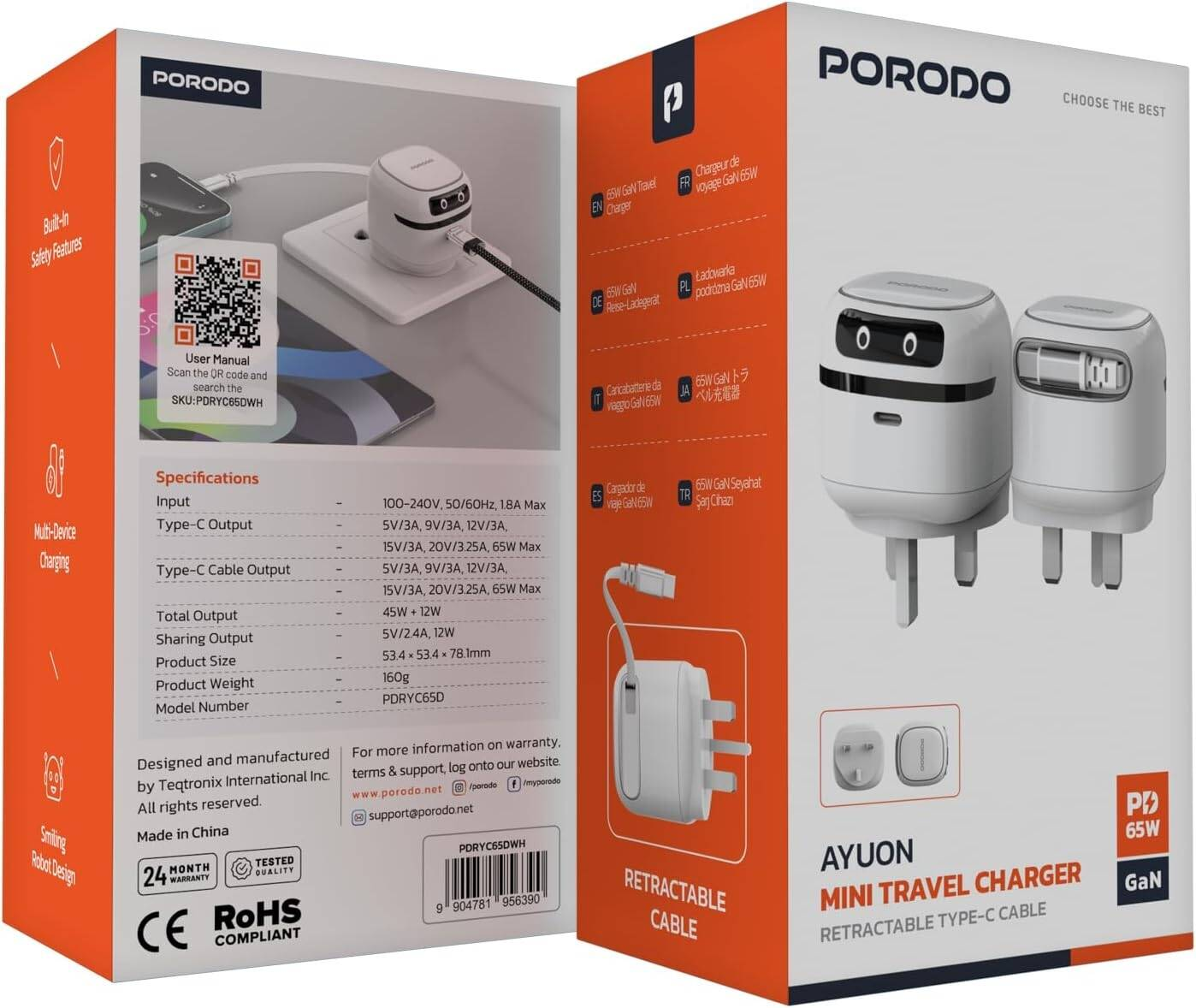 PORODO Ayuon 65W GaN ROBOT CHARGER -AC INPUTS*100V-240V & DUAL TYPE C OUTPUTS