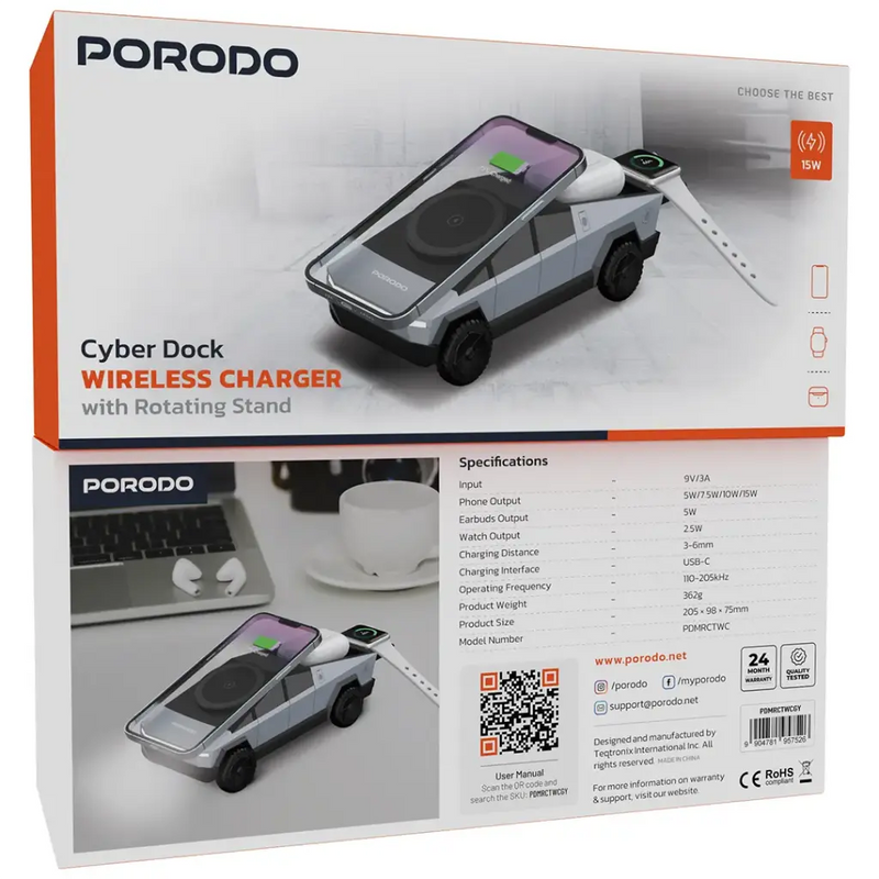 Porodo Cyber Dock Wireless Charger With Rotating Stand - Grey