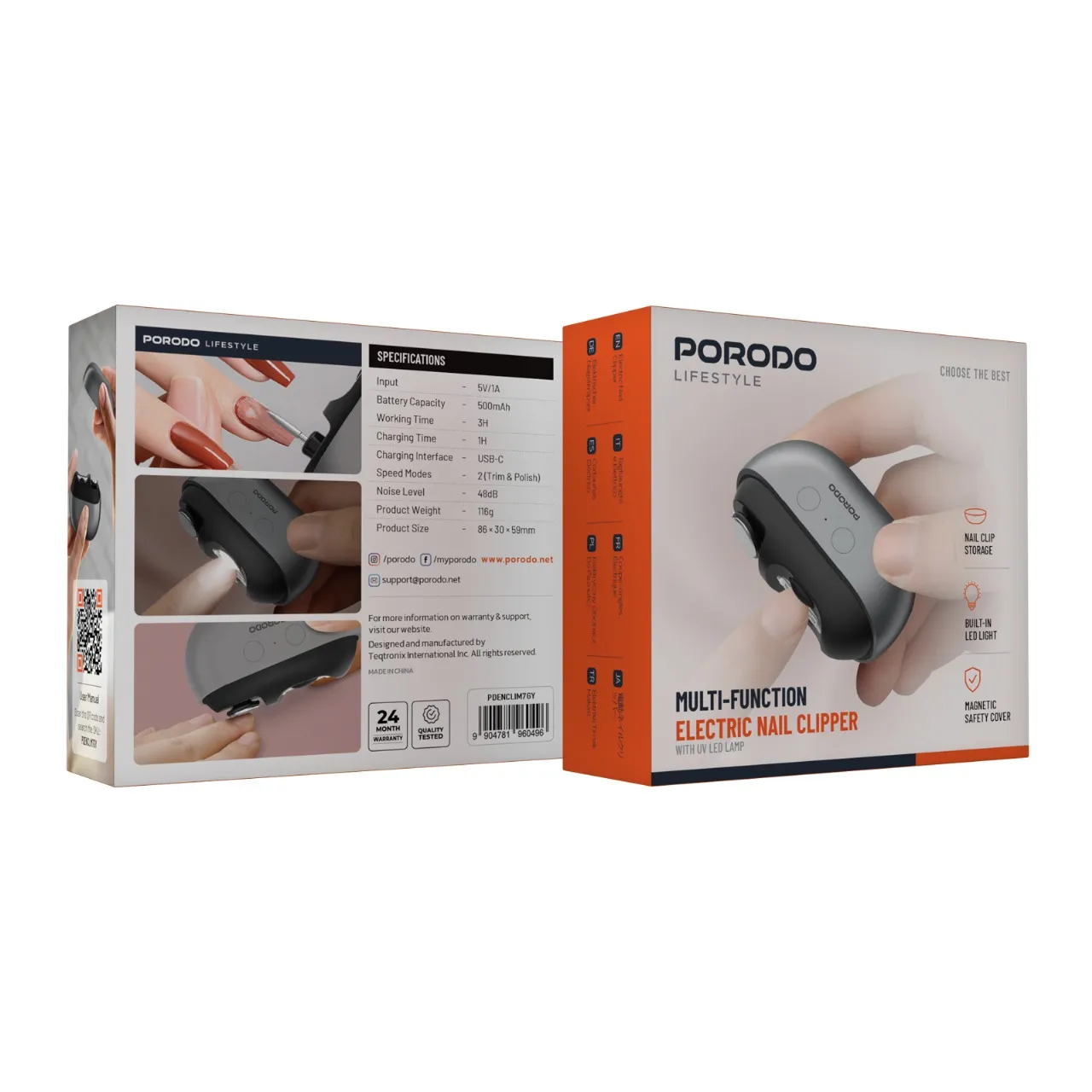PORODO ELECTRIC NAIL CLIPPER WITH SMALL BRUSH & CHARGING CABLE -PINK