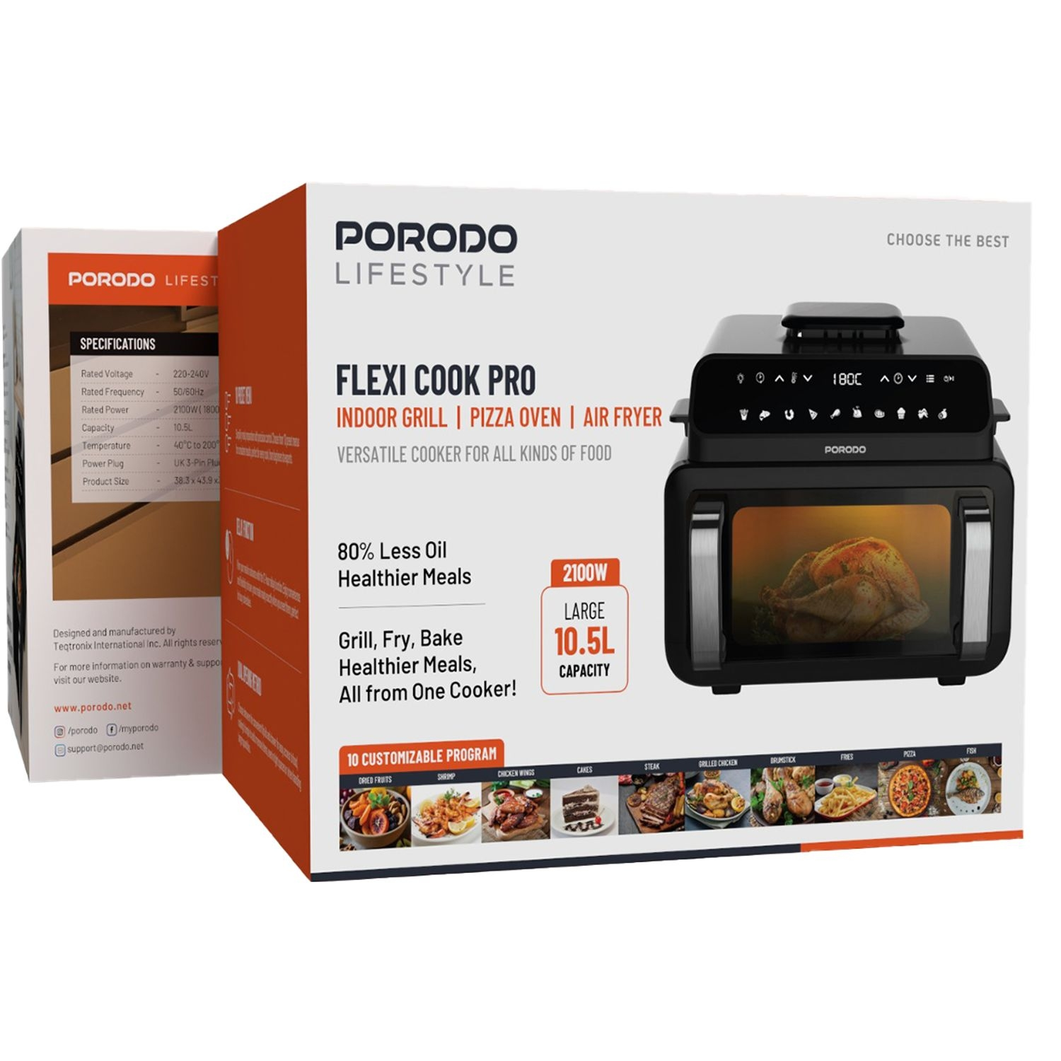 PORODO Flexi Cook Pro 2100W 3 IN 1 AIR FRYER WITH DUAL HEATING +DELAY TIMER
