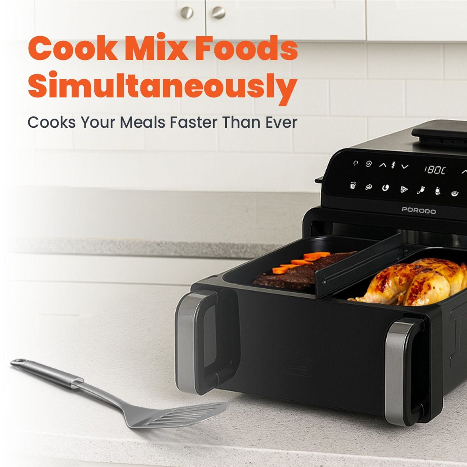 PORODO Flexi Cook Pro 2100W 3 IN 1 AIR FRYER WITH DUAL HEATING +DELAY TIMER