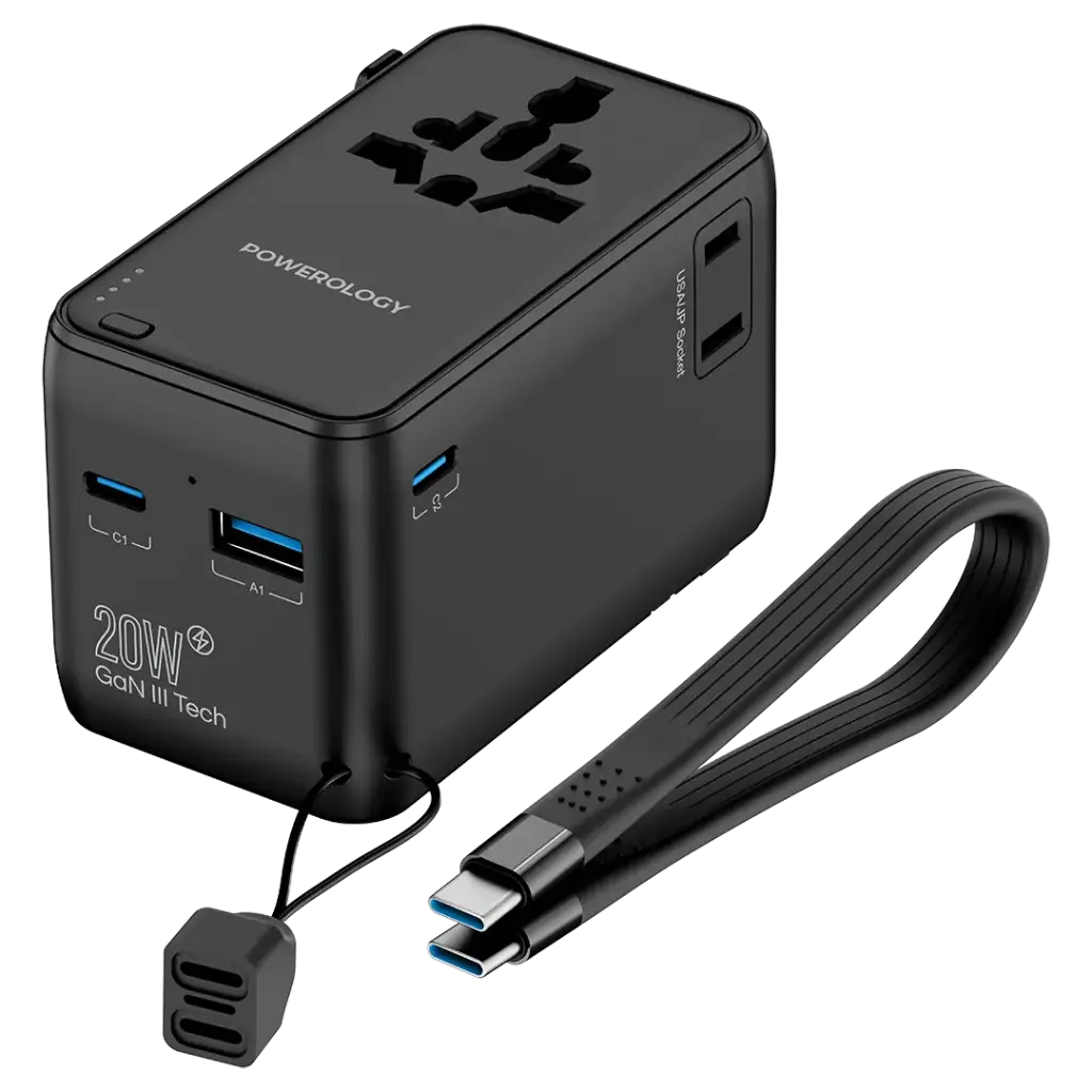 Powerology PD 20W Universal Travel Adapter With Built-in Power Bank 4000mah Total DC Output: 20W - Black