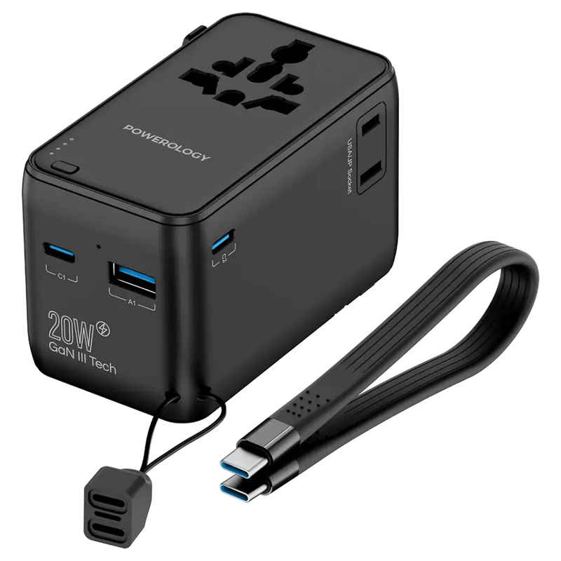 Powerology PD 20W Universal Travel Adapter With Built-in Power Bank 4000mah Total DC Output: 20W - Black