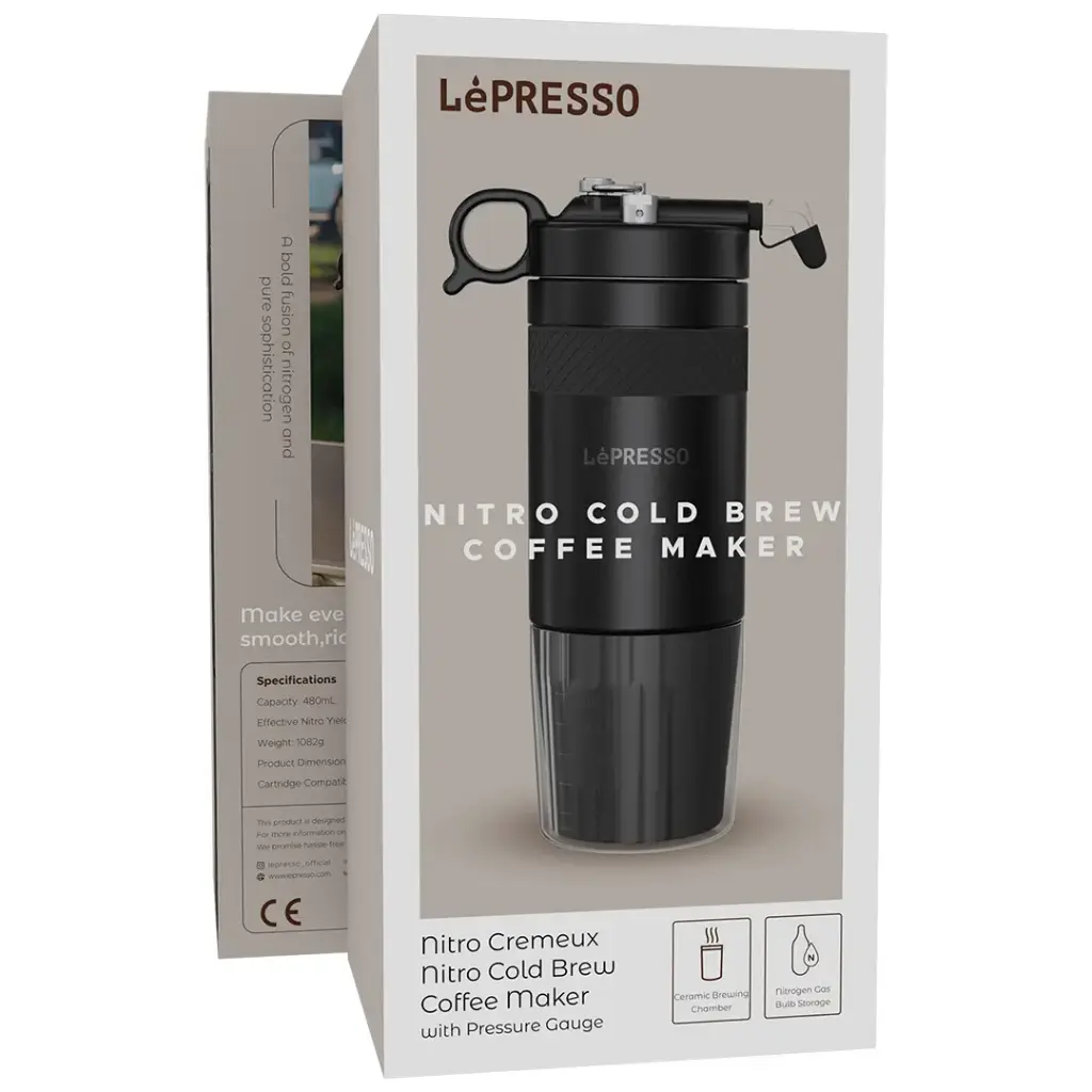 LEPRESSO Nitro Cremeux 480ML VACCUM INSULTED COFFEE CUP DISPENSER WITH SILICON GRIP RING - BlacK