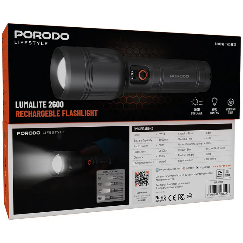 Porodo LumaLite 30W Led Waterproof Flashlight 8000mAh Battery - Gray