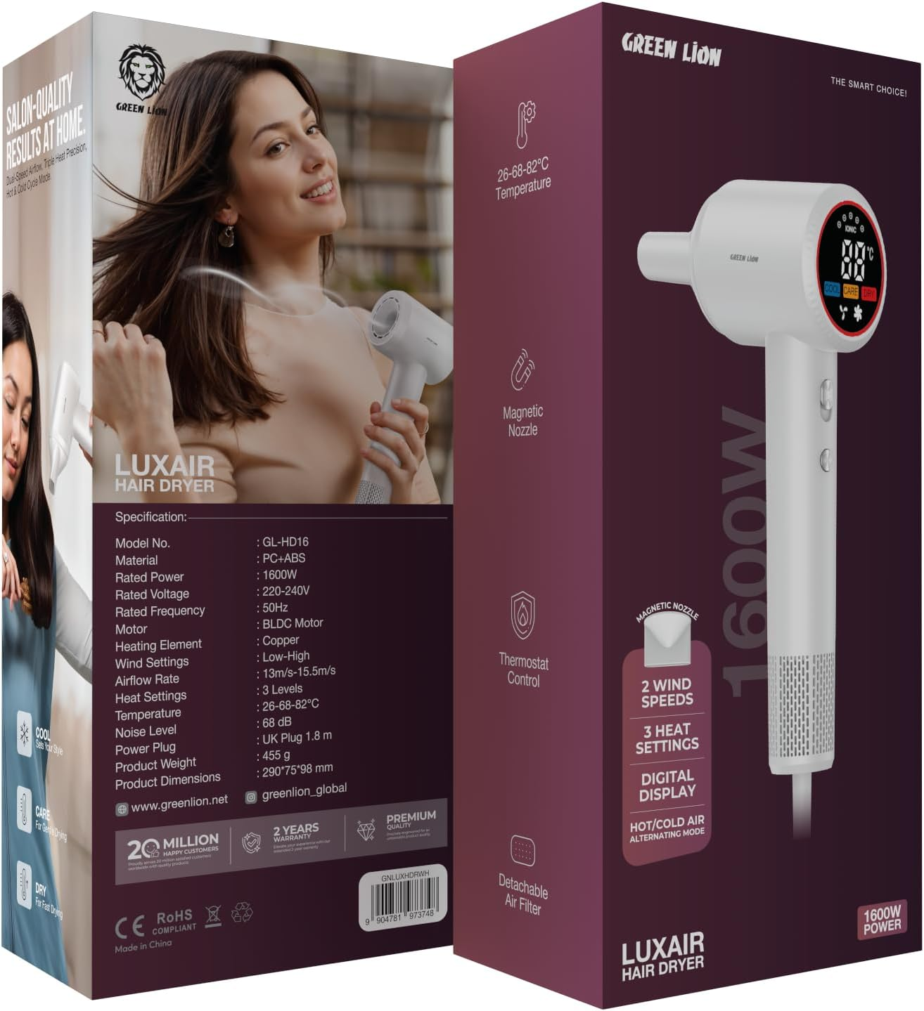 Green Lion Luxair Hair Dryer With Display 1600W - White