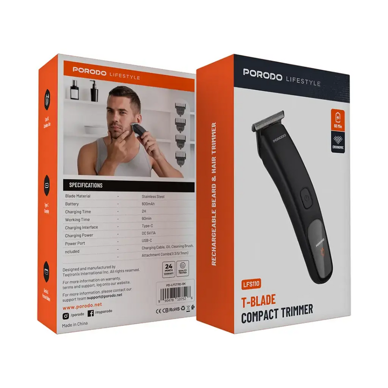 Porodo Lifestyle 6000RPM Trimmer with Fully Curved Blade+Metal T & IPX7 Waterproof