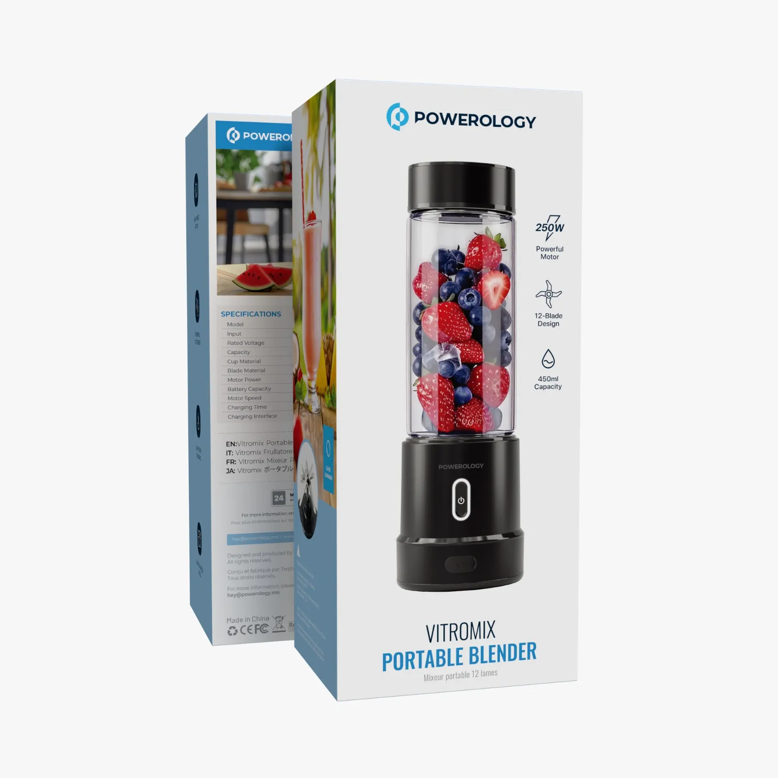 Powerology Portable 450ML 12-Blades Blender with 6000mAh Battery & Borosilicate Glass