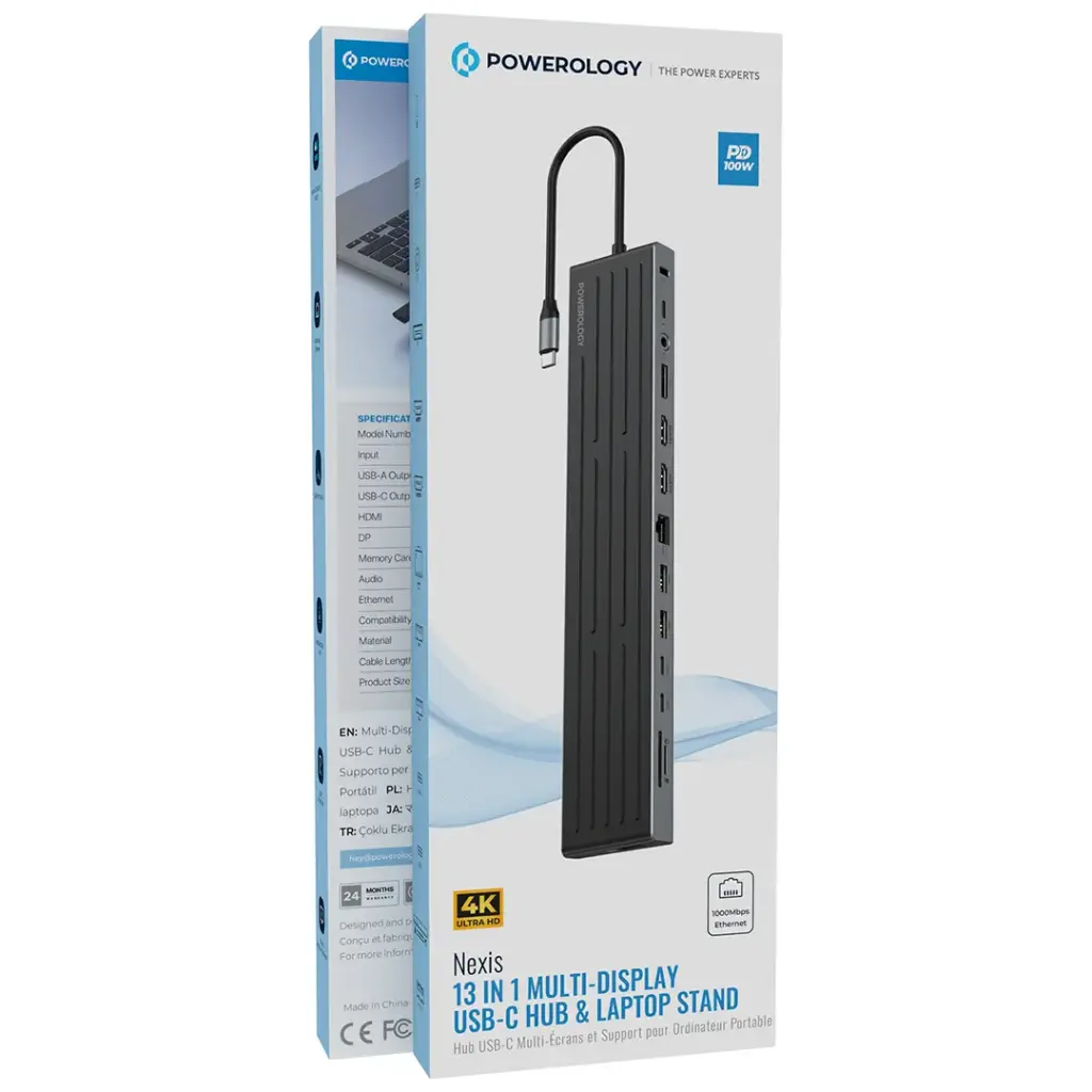 Powerology Nexis 13 In 1 Multi-Display USB-C Hub & Laptop Stand - Black