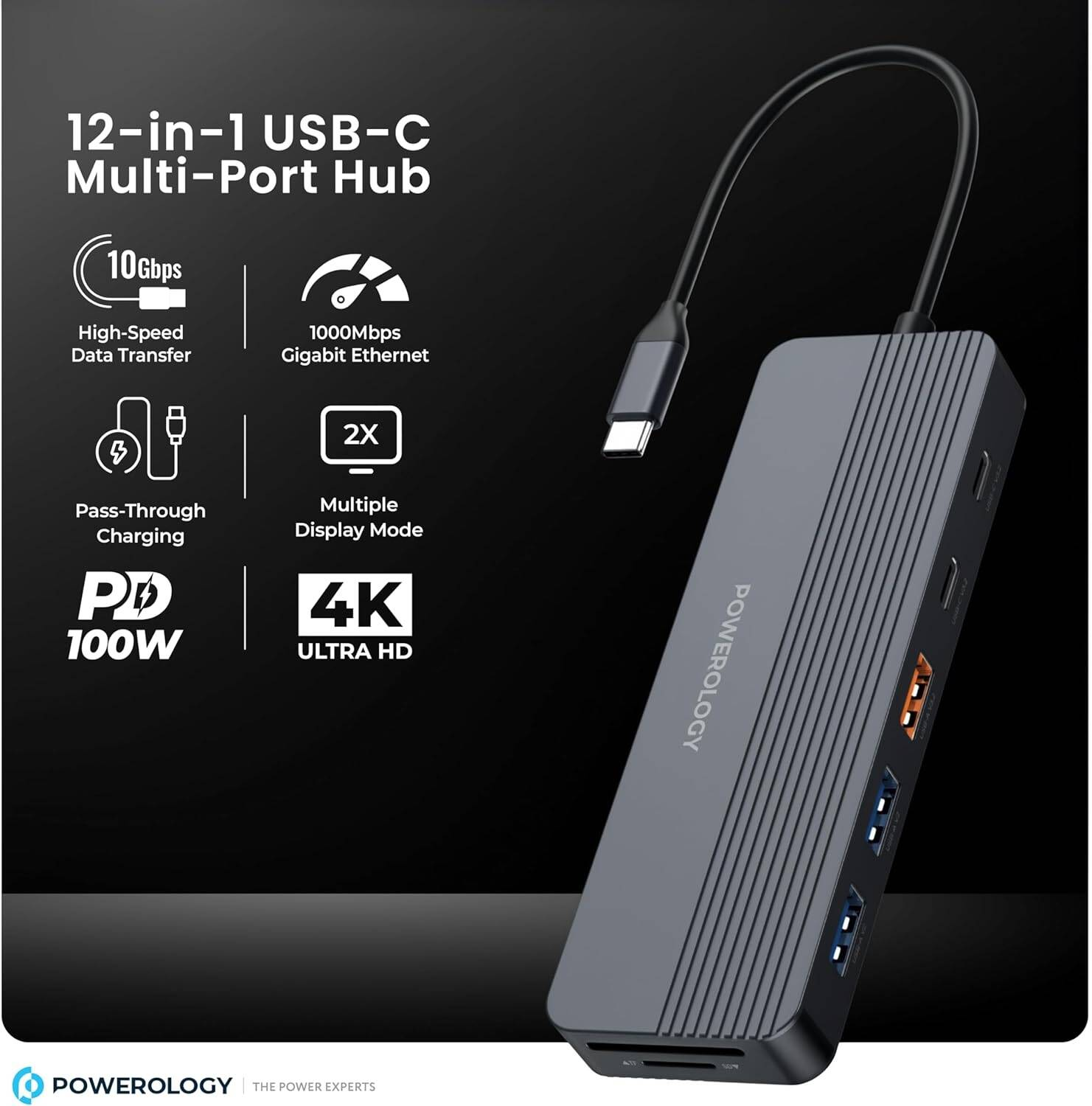 Powerology PD 100W 12-in-1 USB-C Hub with 3.2 10GBPS