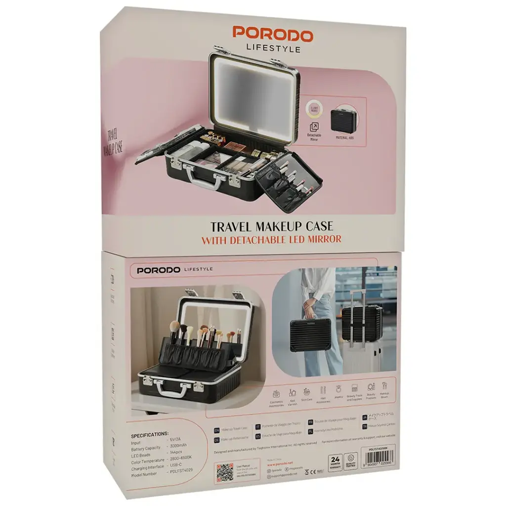 Porodo Lifestyle Makeup Case with Portable LED Light Mirror - Black