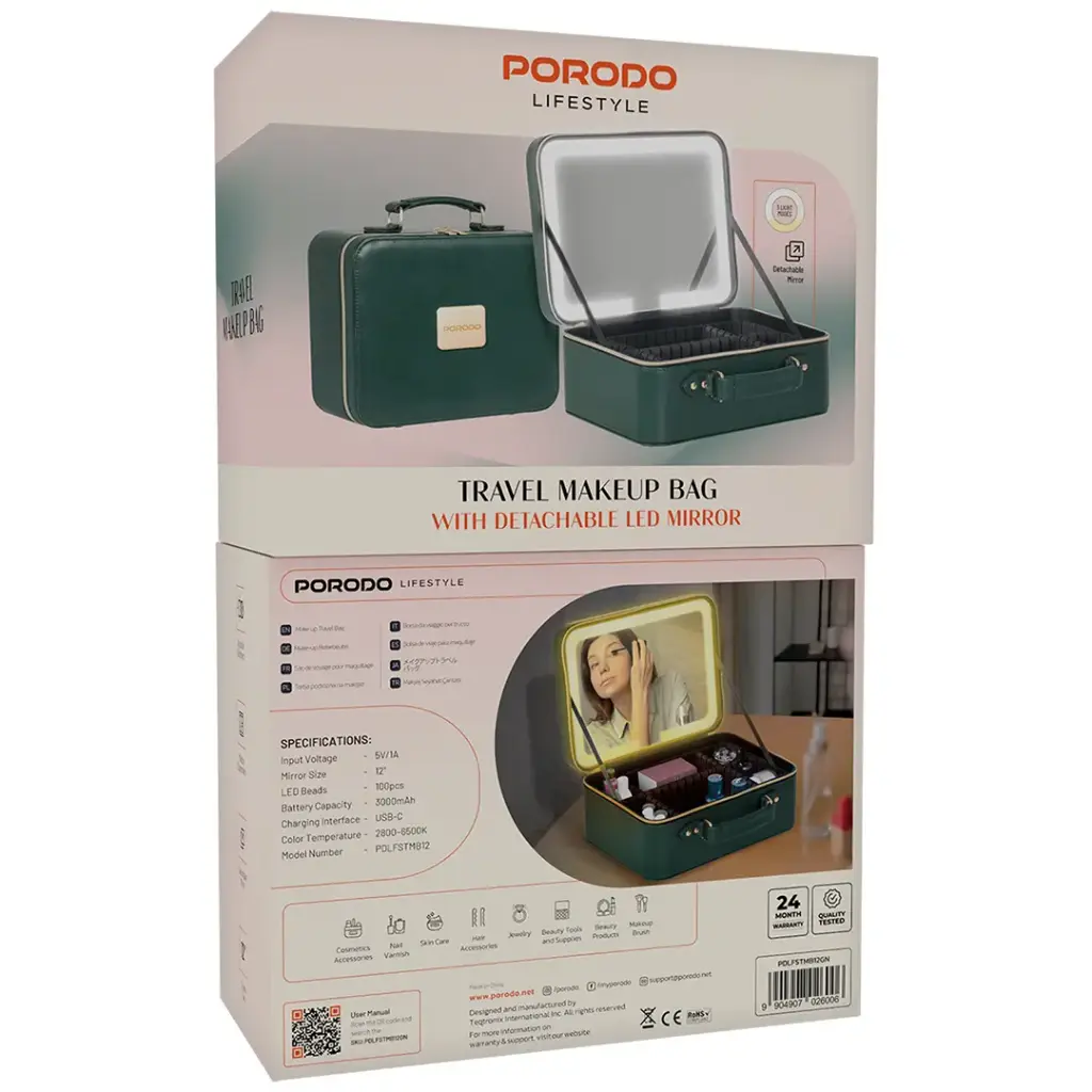 Porodo Lifestyle Makeup Bag with Portable LED Light Mirror - Green