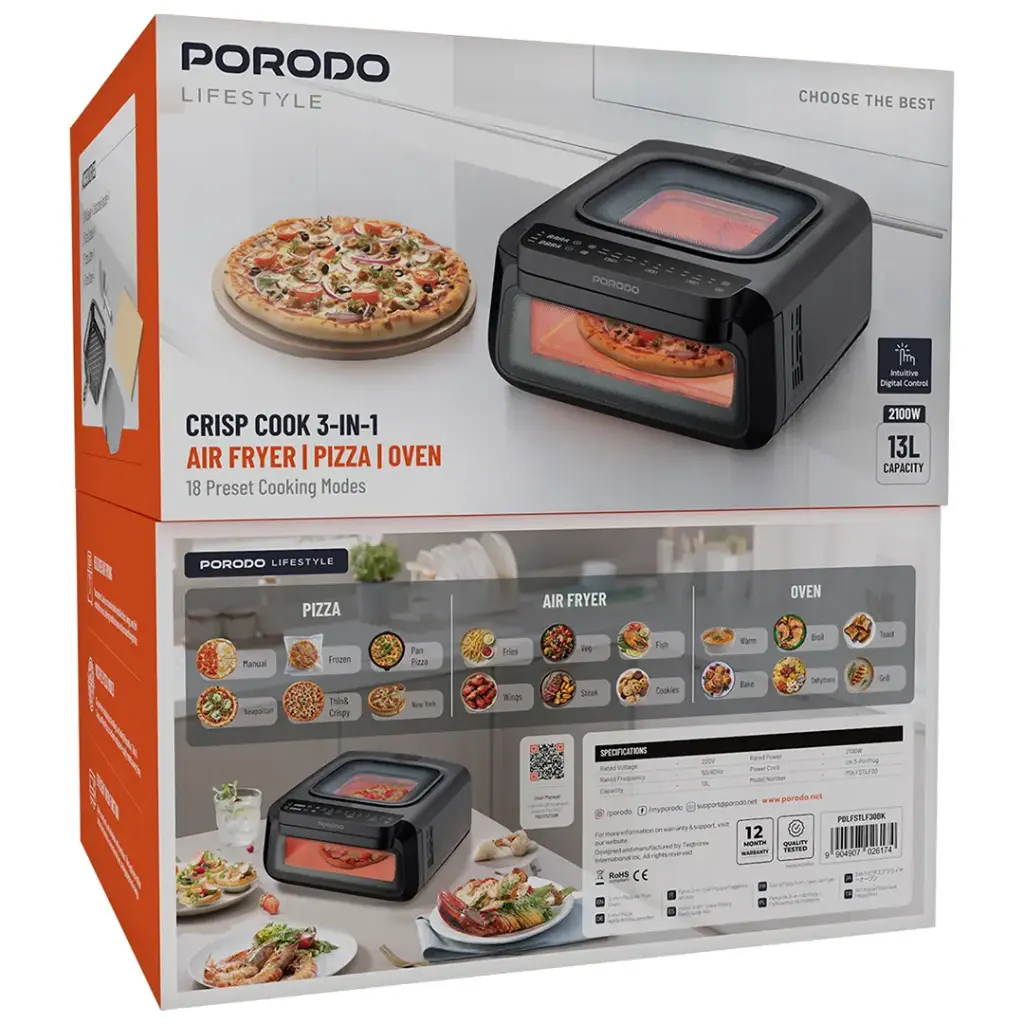 Porodo Lifestyle Crisp Cook 3-in-1 13L Pizza Air Fryer Oven