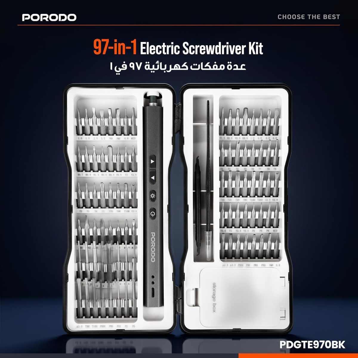 Porodo Techfix 97- In-1 Electric Screwdriver Kit BuiltIn LED Light - Black