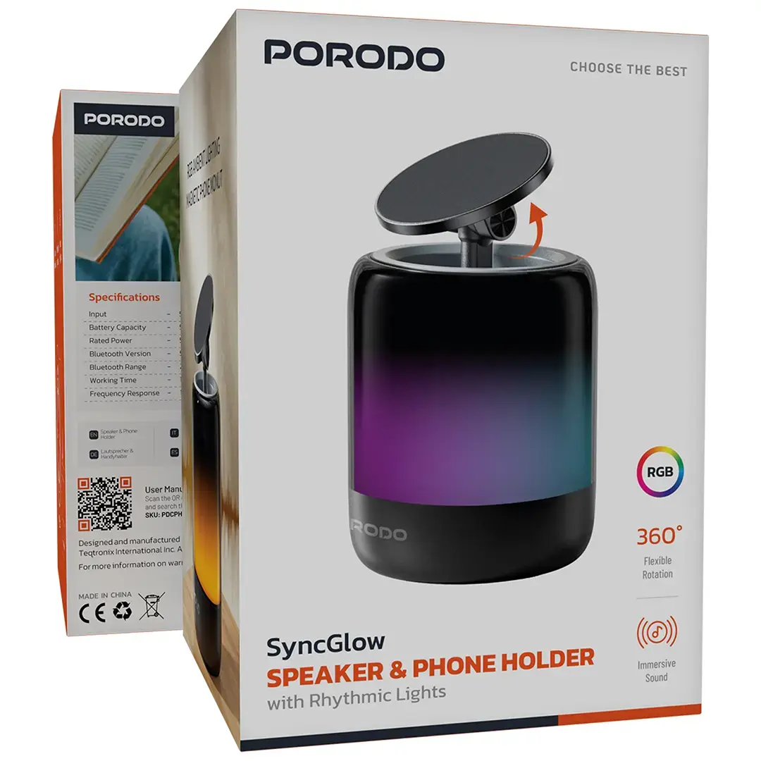 Porodo SyncGlow 2 In 1 Car Phone Holder With Speaker
