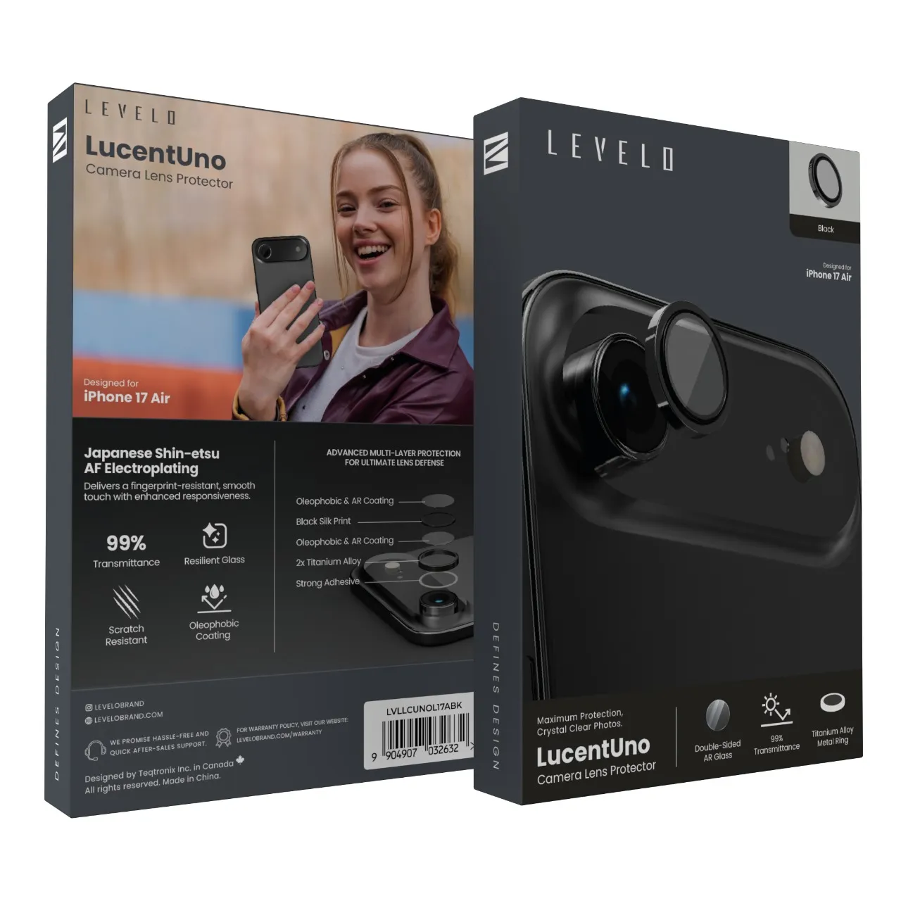 Levelo LucentUno Lens Protector With 99% Transmittance For iPhone 17 Air - Black