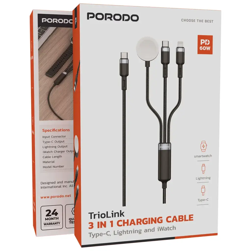 Porodo TrioLink 60W C to C+L+Watch Charger
