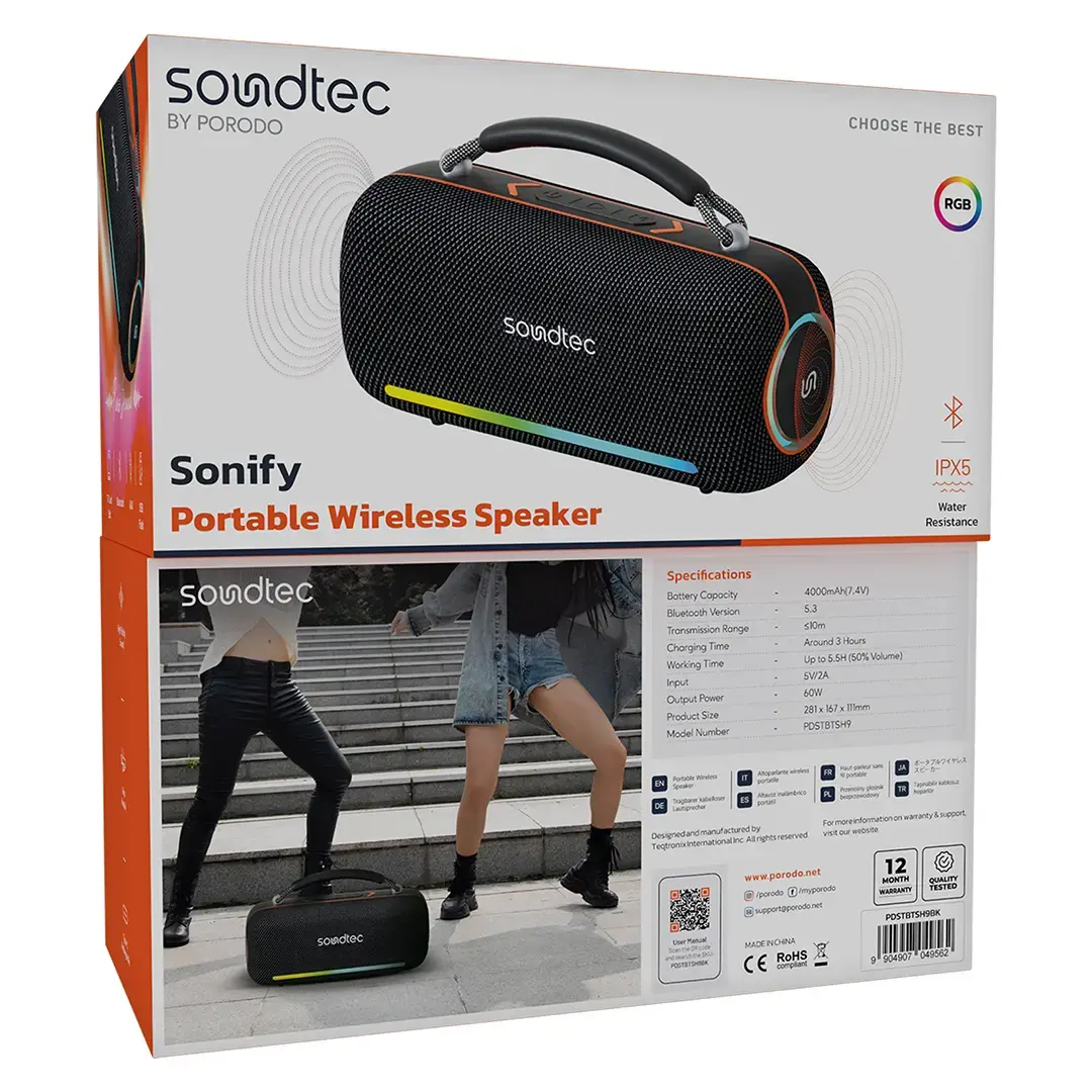 Porodo Soundtec Sonify 60W Bluetooth Speaker with 4000mAh Battery & 3-Way Input - Black
