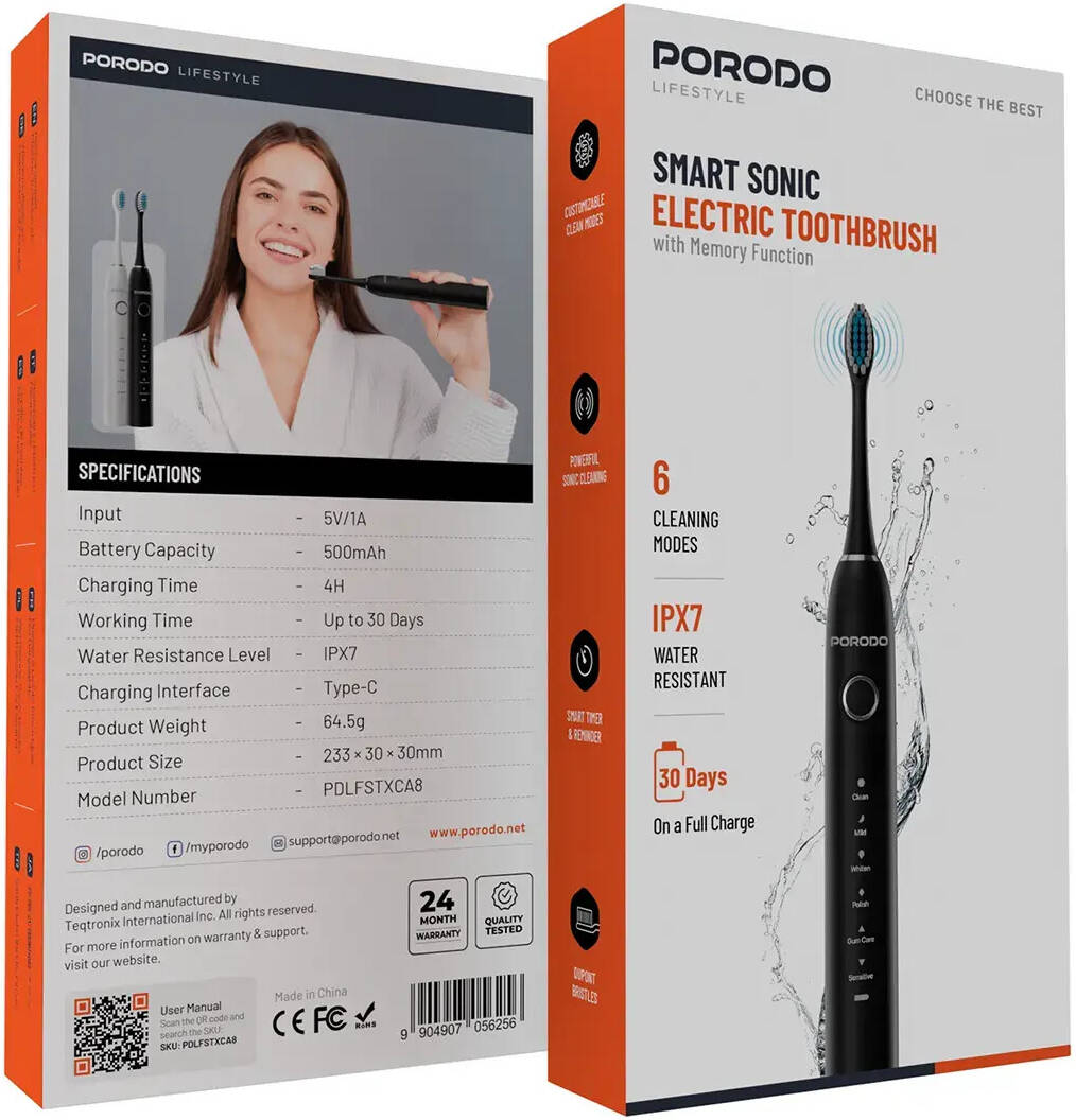 Porodo Lifestyle Smart Sonic 6-Mode Electric Toothbrush with 4 Brush Heads