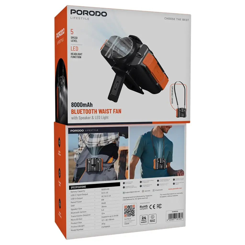 Porodo Lifestyle 8000 mAh Waistfan With Blue Tooth Speaker- Black/Orange