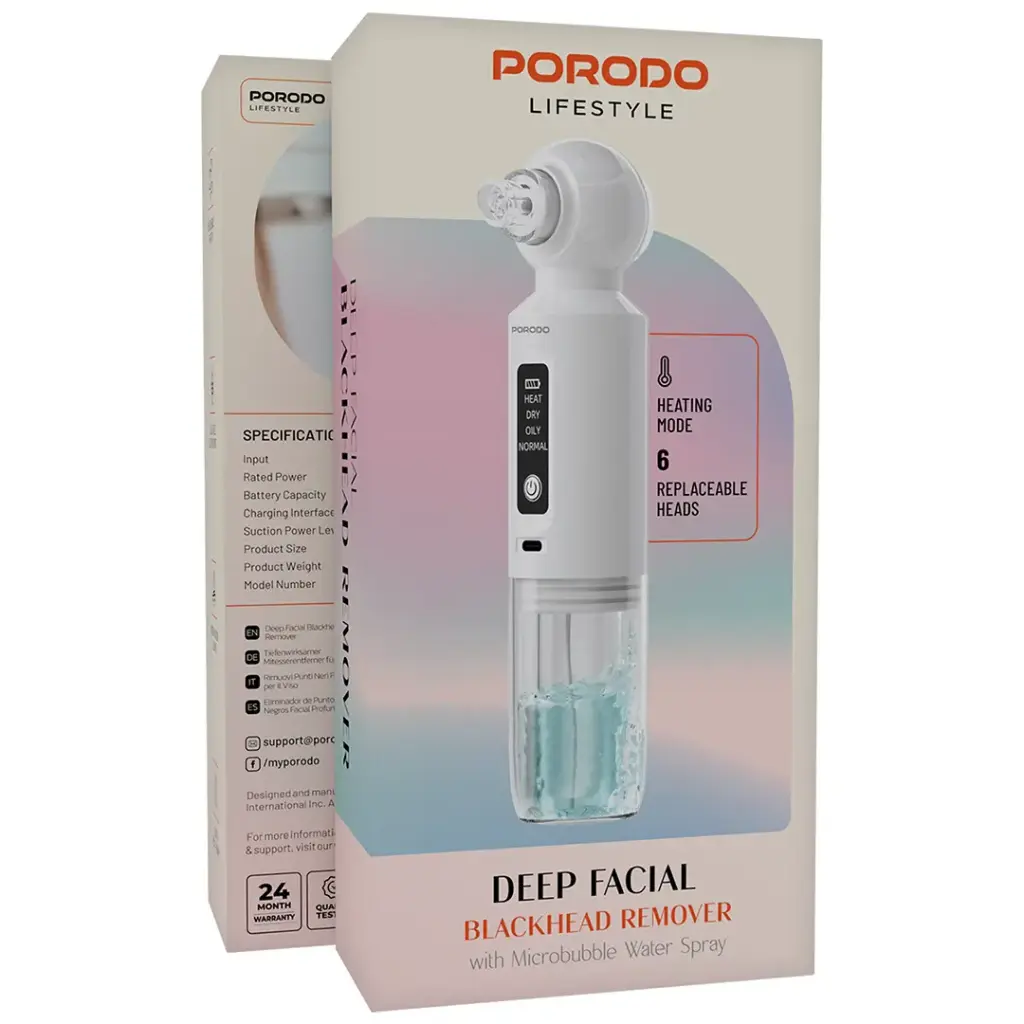 Porodo Lifestyle Deep Facial Blackhead Remover 2.8W White with Heating Function and 6 Heads