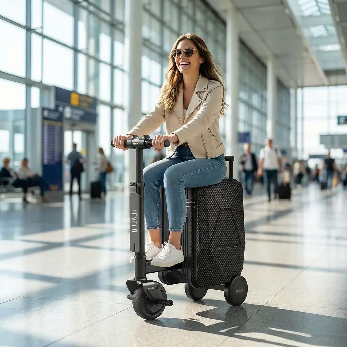 Levelo SparkE Portable Carry-On Carbon Fiber Electric Scooter Luggage - Carbon  Black