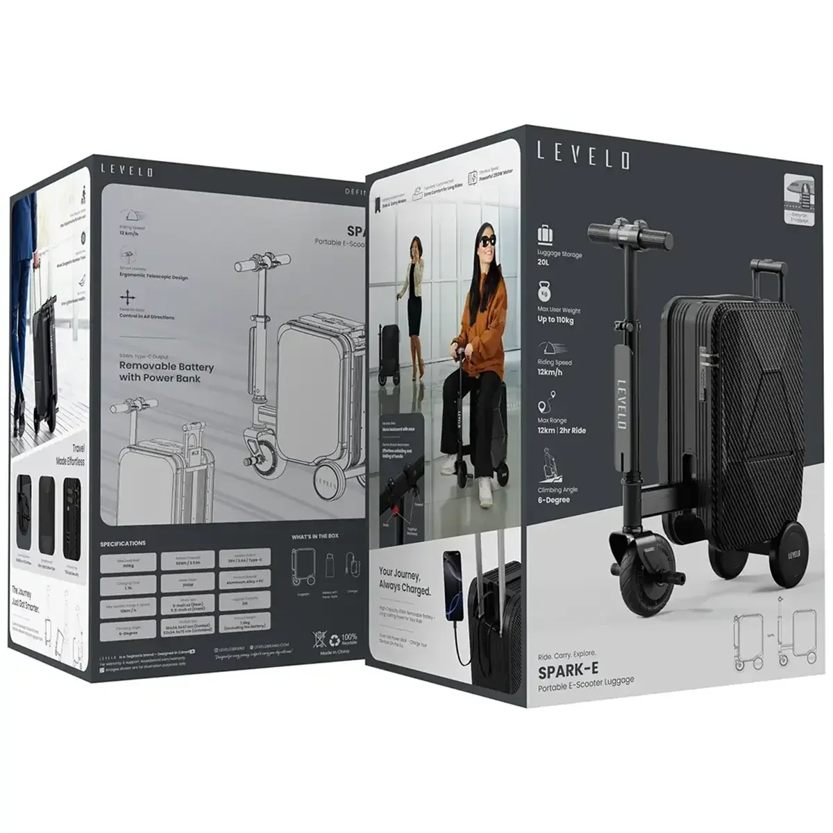 Levelo SparkE Portable Carry-On Carbon Fiber Electric Scooter Luggage - Carbon  Black