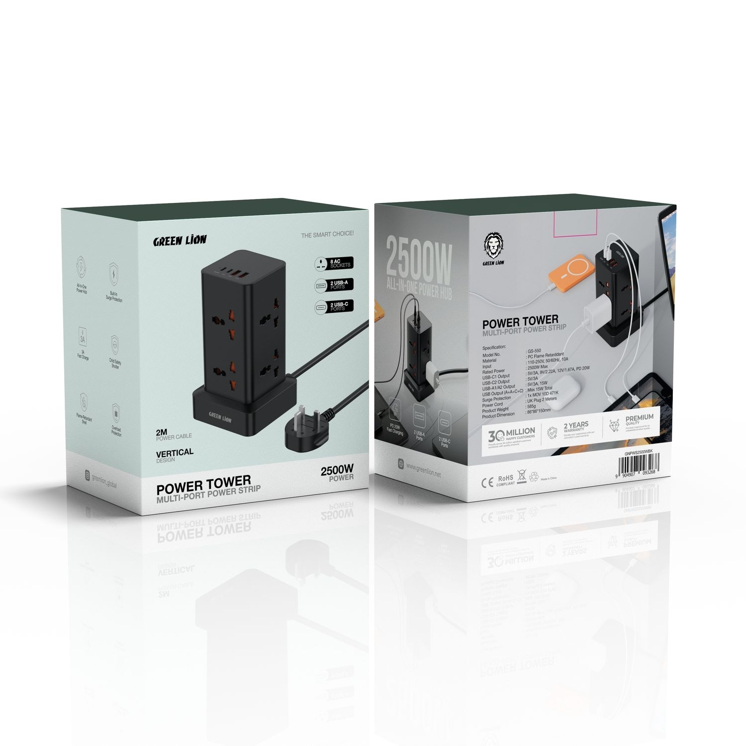 Green Lion Power Tower Multi-Port Power Strip 2500W 2M Cable - Black